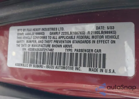 2003 Subaru Legacy L/L W/Special Edition Package z USA, uszkodzony, nr VIN 4S3BE635337217462